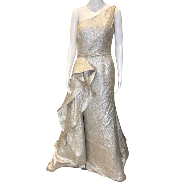 NWT Mac Duggal 66975M Oyster Metallic One Shoulder Front Slit Ruffle Gown - Sz 6 - Picture 5 of 12